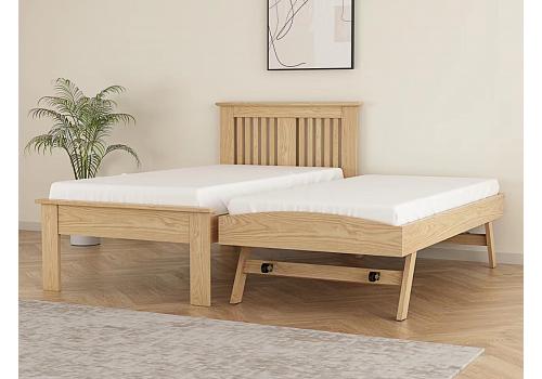 3ft single Oak finish guest bed frame with trundle bed underneath 1
